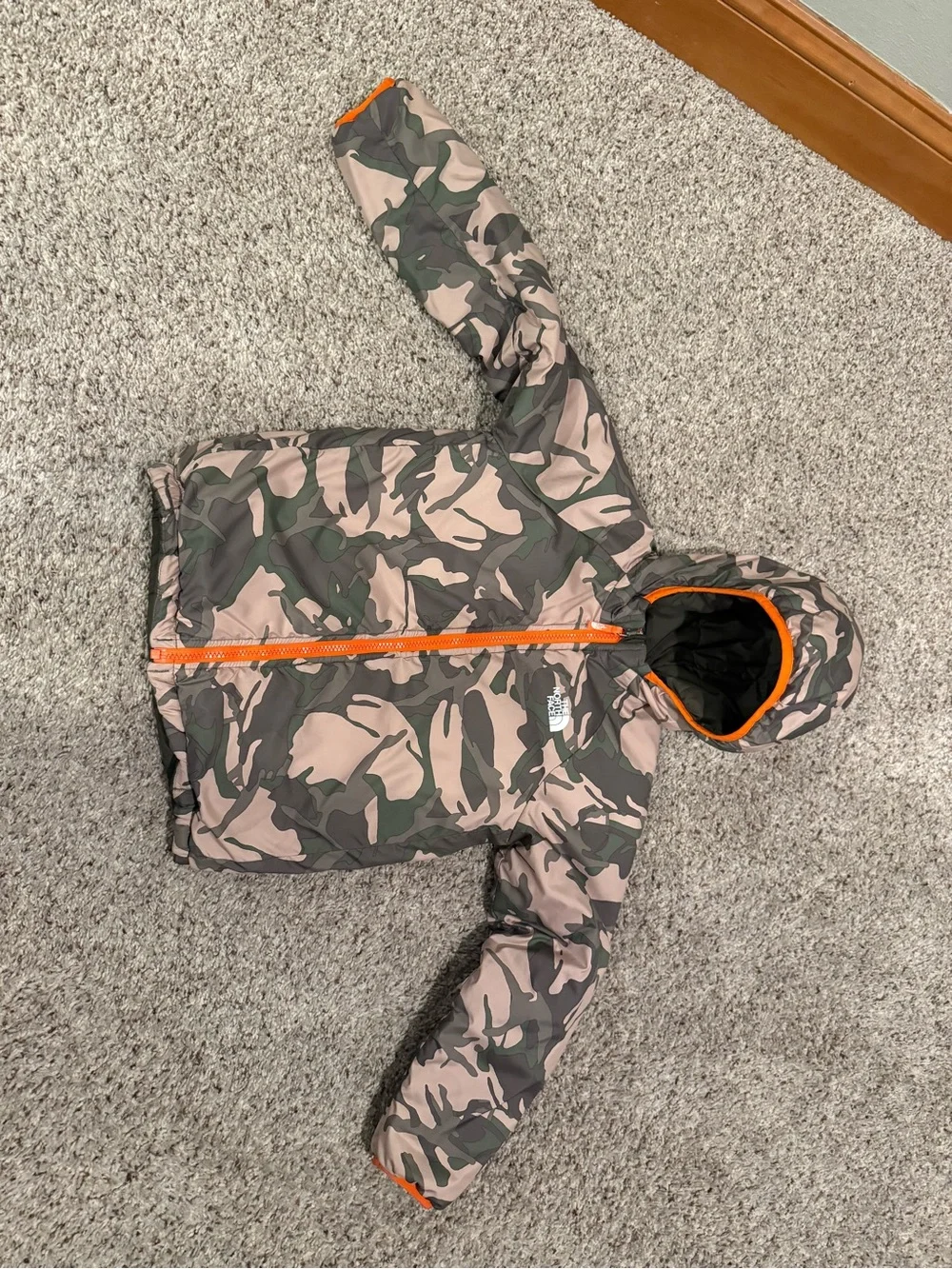 The North Face Kids Camouflage Puffer Jacket with Orange Trim